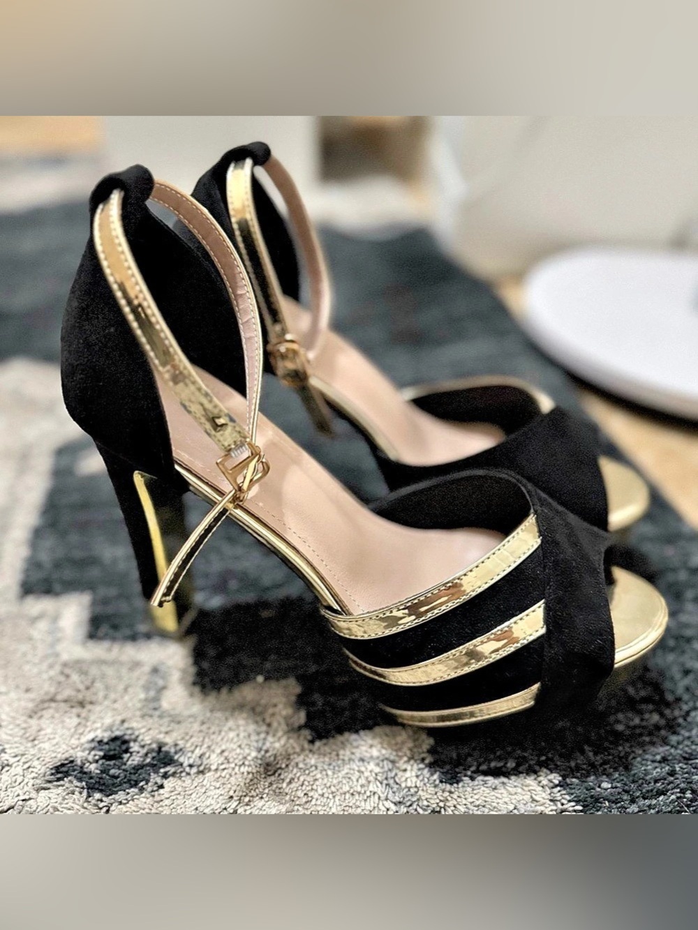 Black & Metallic Gold Platform High Heels Sandals